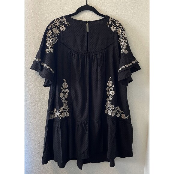 Torri Festi Mini Dress Size 1 Raglan Double Bell Sleeve Black Embroidered Boho - Picture 10 of 16